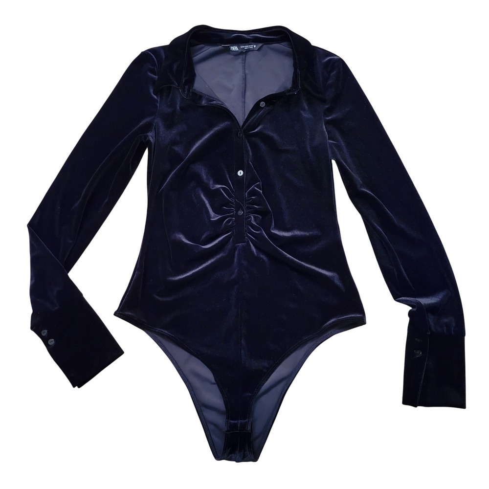 Zara M Bodysuit Black Velvet Ruched Long Sleeve Collar Button Down Goth Academia